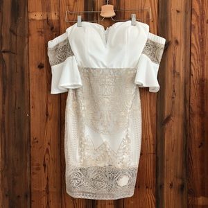 White and tan off the shoulder cocktail dress
